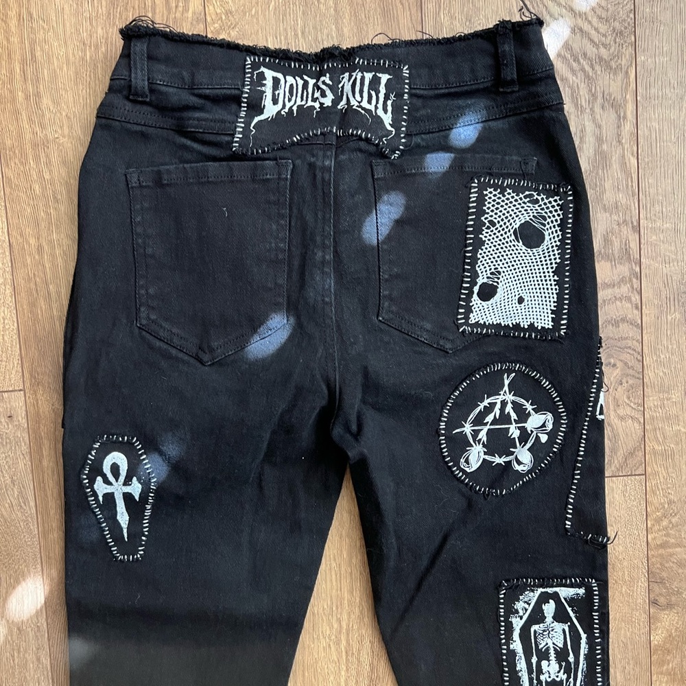 Dolls Kill Black Skinny Patchwork Gothic Jeans - Picture 3 of 14